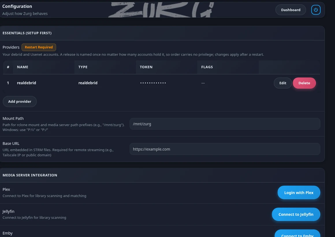 zurg configuration page showing the providers table and media server integration