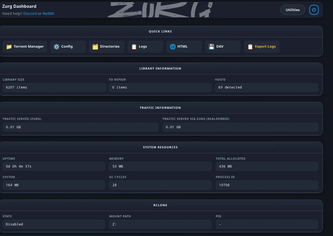 zurg dashboard showing library size, repair queue, traffic served and memory use