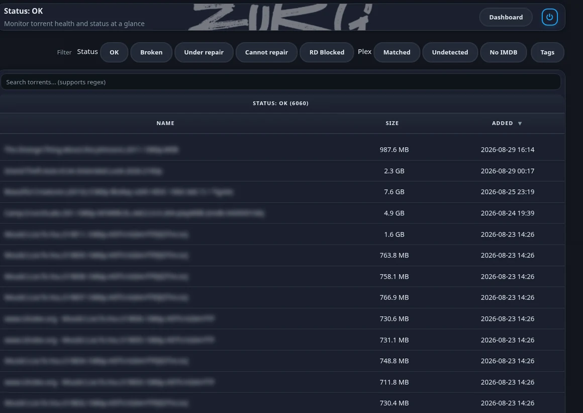 zurg torrent manager showing 6060 torrents with OK health status, with size and date columns